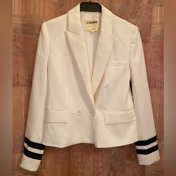 L’AGENCE Marine White Nautical Cropped Blazer Jacket with Striped Sleeves US2 - Picture 5 of 14
